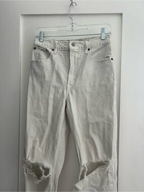 Abercrombie & Fitch White Straight-Leg Jeans with Distressed Knees